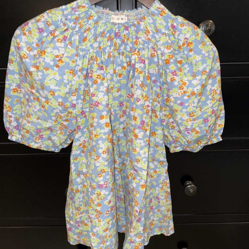 Roller Rabbit Alianne Top XS Floral Pastels Puff Sleeve Smock Neck Silk Cotton